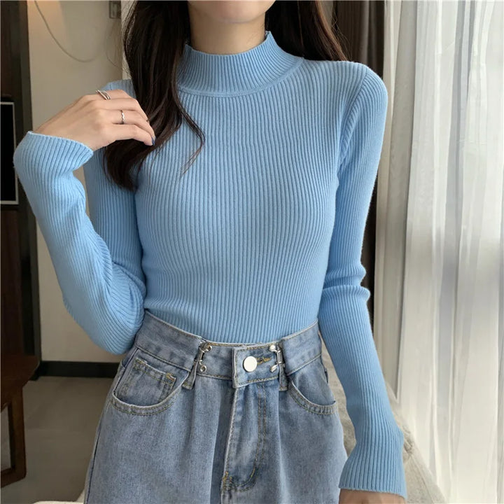 Women Half Turtleneck Pullovers Sweaters Full Sleeve Short Slim-fit tight Chic Jumper