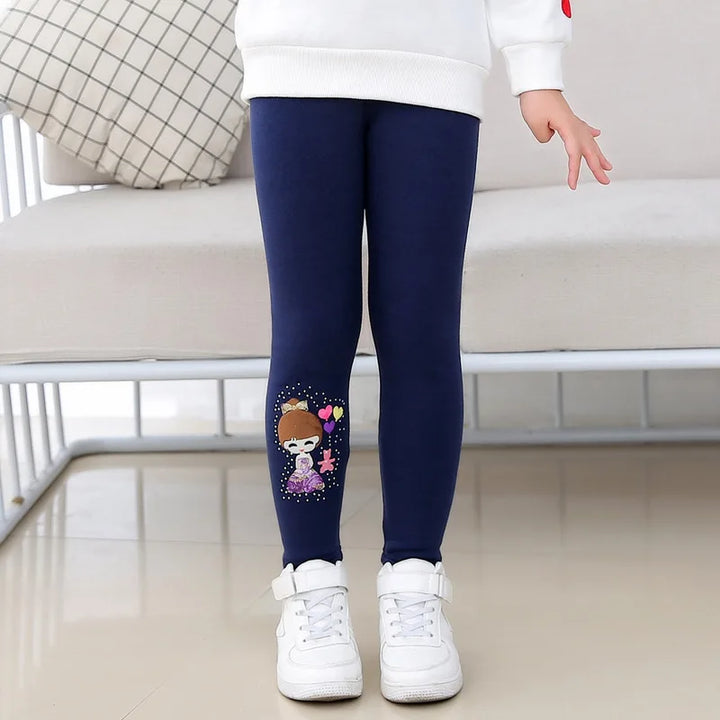 Winter Thick Warm Pants For Grils 3-10T Cartoon Pattern Trousers Baby Skinny Leggings With Fleece Warm Elastic Waist Trousers