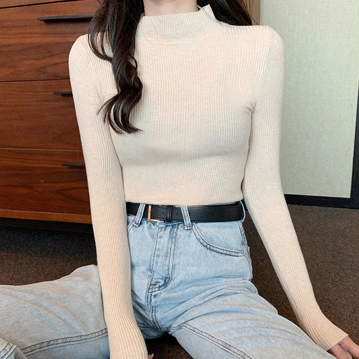 Women Half Turtleneck Pullovers Sweaters Full Sleeve Short Slim-fit tight Chic Jumper