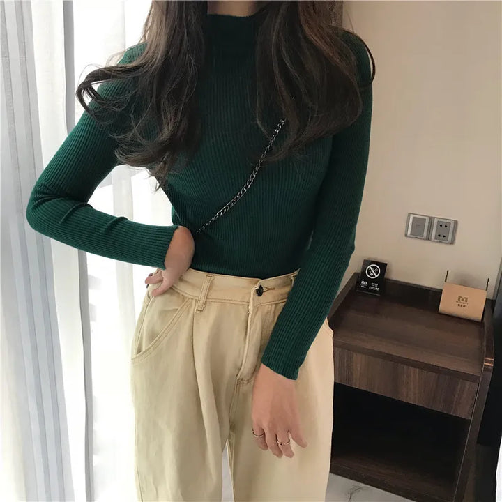 Women Half Turtleneck Pullovers Sweaters Full Sleeve Short Slim-fit tight Chic Jumper