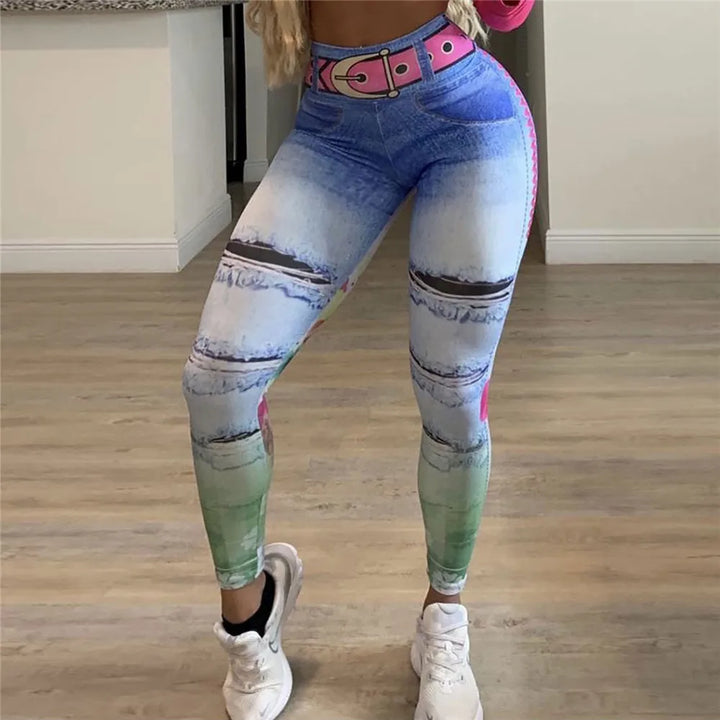 FCCEXIO Denim Telephone 3D Print Women Pants Push Up Running Sports Leggings Slim Pants Female Casual Trousers Fitness Legging