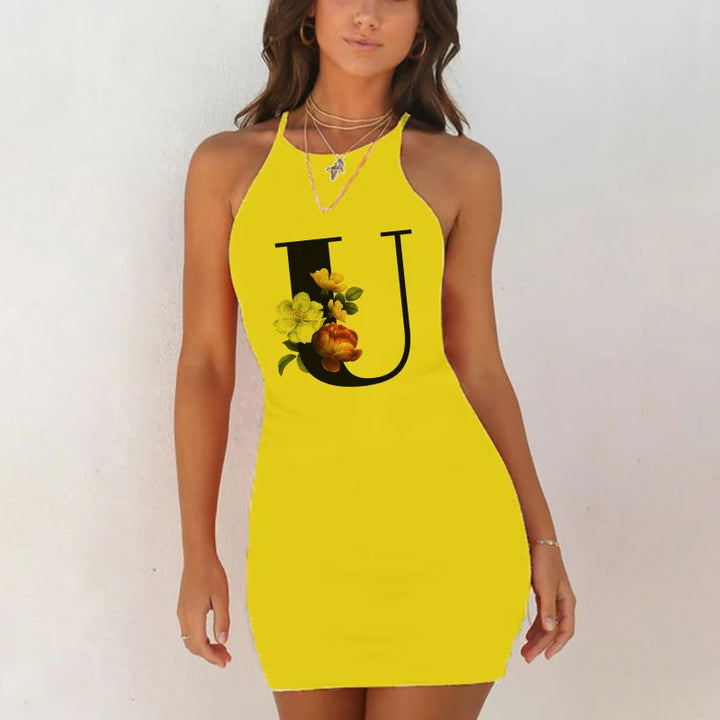 Sexy Nightwear Sleepwear Nightgown Night Shirts Summer Women 26 English Alphabet Print Pack Hip Nightie Yellow Night Dress