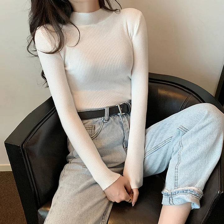 Women Half Turtleneck Pullovers Sweaters Full Sleeve Short Slim-fit tight Chic Jumper