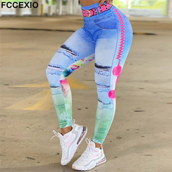 FCCEXIO Denim Telephone 3D Print Women Pants Push Up Running Sports Leggings Slim Pants Female Casual Trousers Fitness Legging