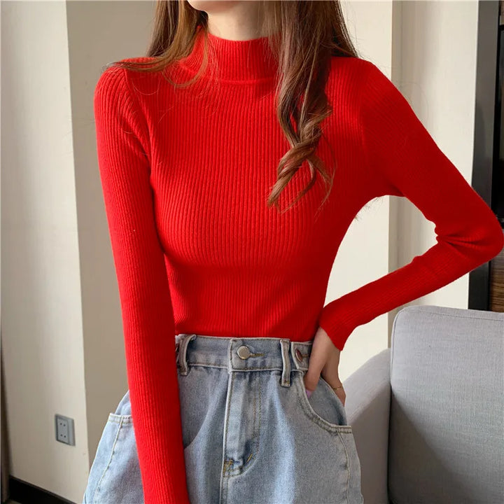 Women Half Turtleneck Pullovers Sweaters Full Sleeve Short Slim-fit tight Chic Jumper