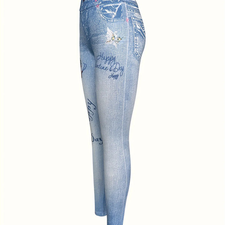 Faux Denim Butterfly Print Skinny Leggings Women Sports Pants