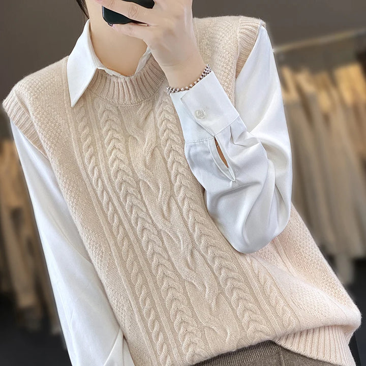 Hot sales Women's O-neck wool vest solid color twisted flower knitted women's sleeveless sweater short 100% wool pullover vest