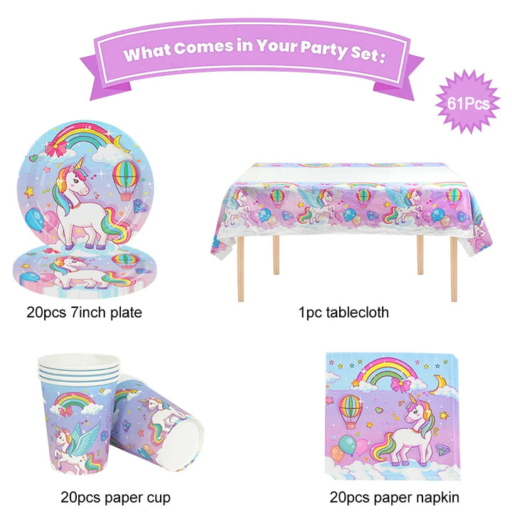 61Pcs/set Rainbow Unicorn Disposable Tableware Paper Plate Cup Tablecloth Girls Unicorn Theme Birthday Party Decoration Supplies