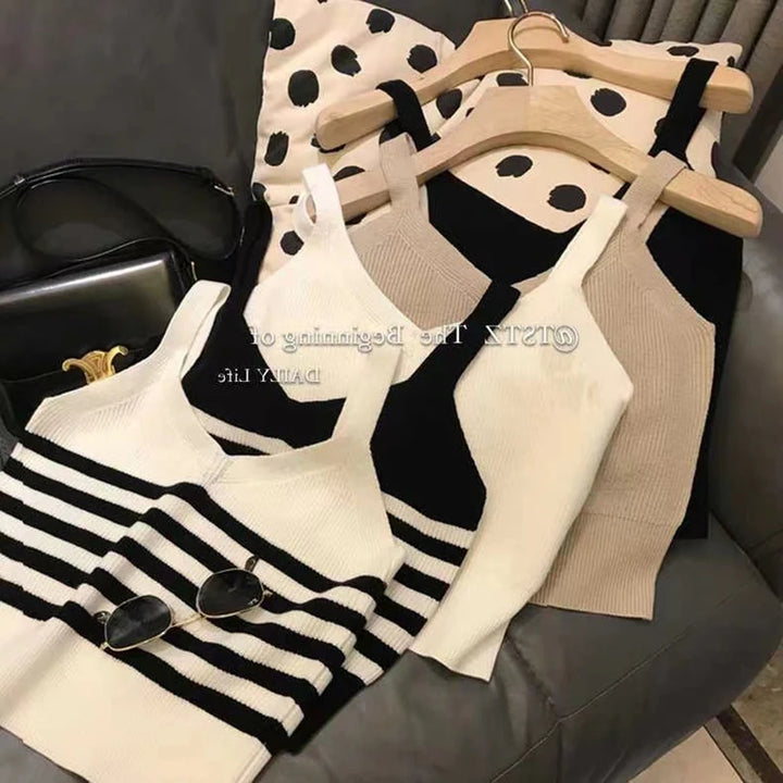 Contrast Striped Knitted Vest Women's Spring Autumn Outerwear V-Neck Bottom Tank Short Sexy Slim All-Matched Crop Sling Top