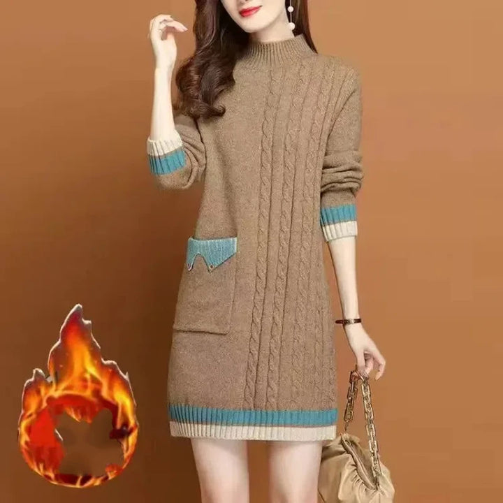 Women's Autumn Winter New Thick Mid-length Korean Commute Loose Half High Collar Patchwork Pocket Button Knitted Sweater Dresses