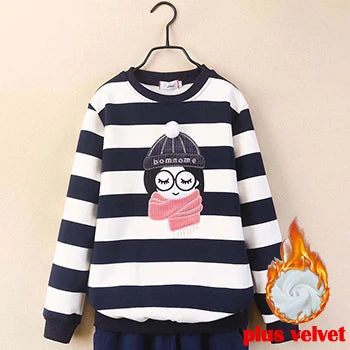 4 6 8 10 12 14 Year Teen Girls Sweatshirt Spring Kids Pullover Top Stripe Girls Clothes Winter Plus Velvet Warm Children Sweater