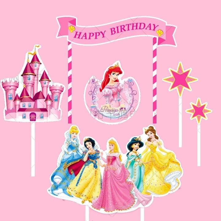 6Pcs/set Disney Six Princess Theme Cake Cupcake Toppers Cake Flag Wedding Girls Birthday Party Decor Baby Shower Cake Supplies