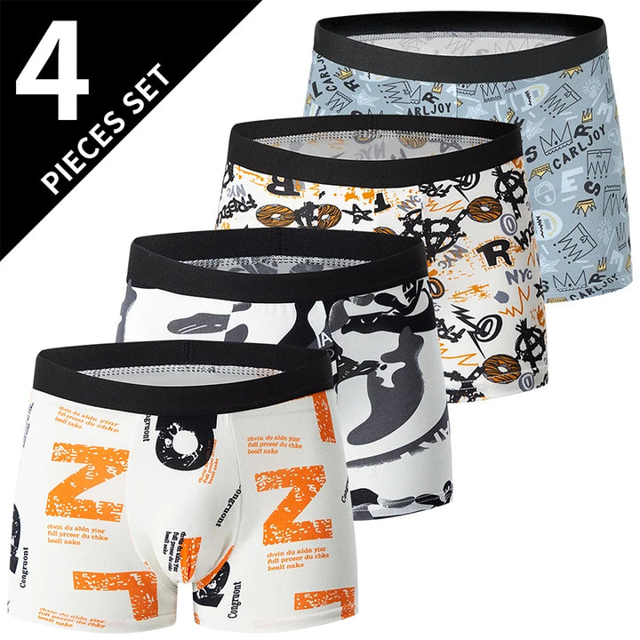 4-piece MEN'S FASHION Printed Underwear Breathable Crotch Boxers for Teenagers Comfortable plus Size Underwear up to 6XL.