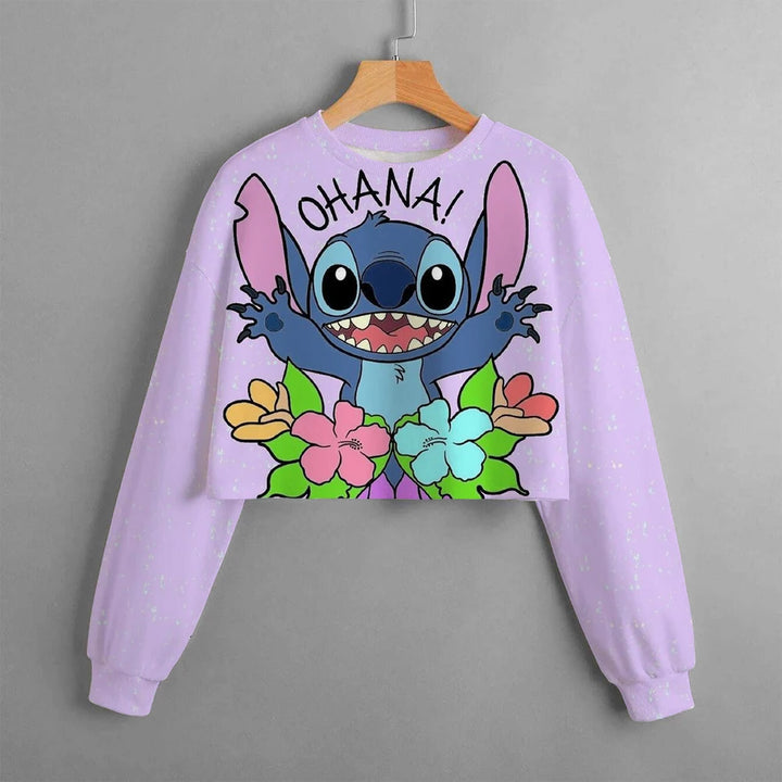 2024 New Girls' Sweatshirt Disney Lilo&Stitch Pattern 3D Printed Cartoon Print Casual Wear Short Pullover Long Sleeve Top