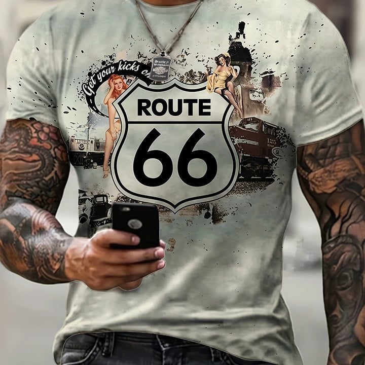 New Summer/Fall Men's Clothing 3d Printed Men's Route 66 Short Sleeve T-Shirt Men's Loose Fashion Casual Extra Size T-Shirt