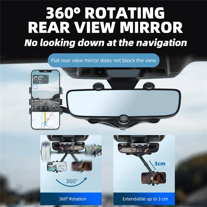 360° Car Rearview Mirror Phone Holder Mount Phone and GPS Holder Universal Rotating Adjustable Telescopic Phone Stand Support