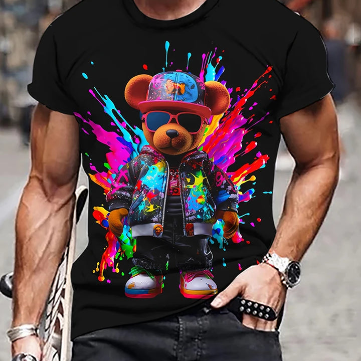 Hip-hop Style Cartoon Bear Print Men's T-shirt Summer Casual Everyday Top Urban Street Fashion Men's Oversized Short Sleeve Tees