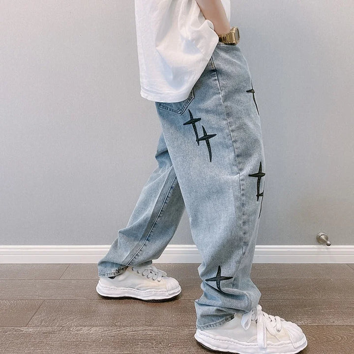 Prints Jeans Men 2024 New Streetwear Baggy Wide Leg Jeans Korean Fashion Drapes Straight Casual Loose Denim Cargo Pants