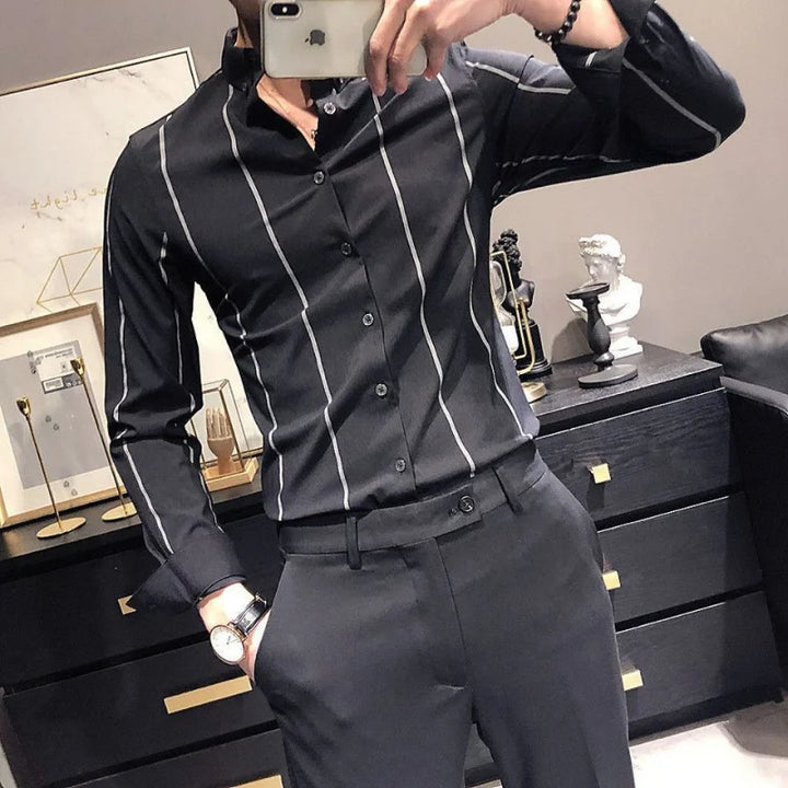 High Quality Korean Trend Stripe Long Sleeve Shirt Korean Men Lapel Social Business Casual Versatile Male Clothes Slim Tops 2024