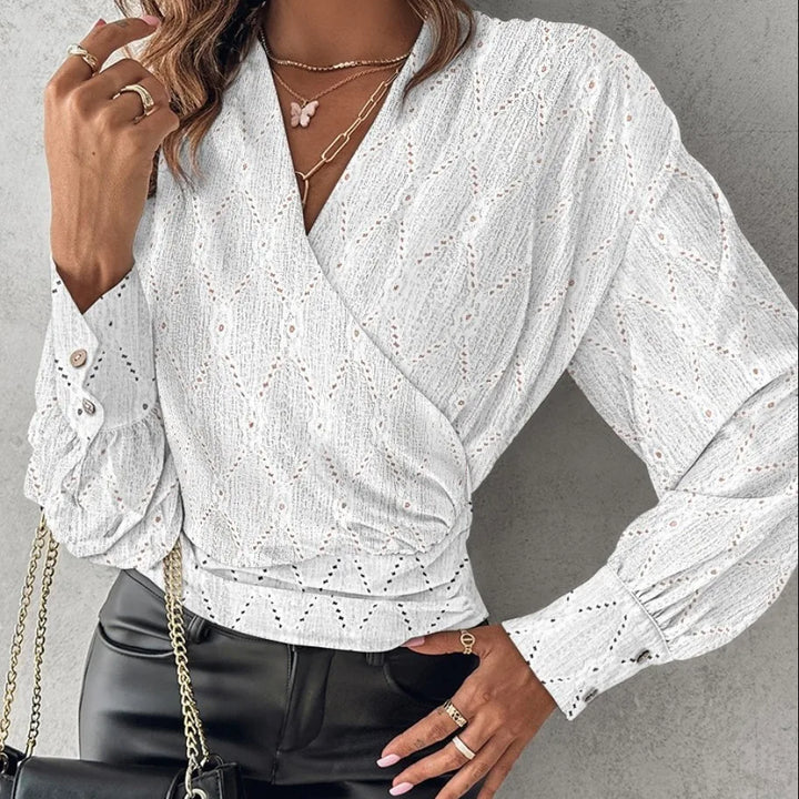 Women Elegant Solid Chiffon Blouse Spring Summer Casual Long Sleeve V Neck Loose Shirt Office Lady Tunics Oversized Tops 2024