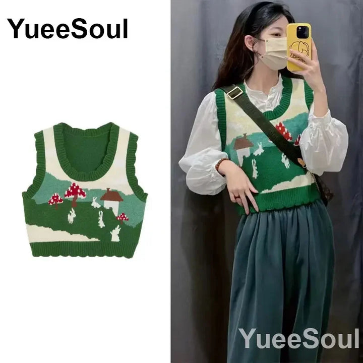 Vintage Knitted Women Sweater Vest American Y2K Aesthetic Sweet Cute 90s Slim Crop Waistcoat 2024 New Plaid Sleeveless Knitwears