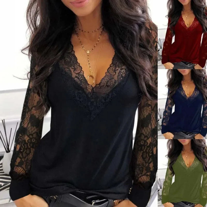 Stunning Lace Stitching V-Neck Tee with See-Through Long Sleeves for Women Y2k Clothes  Thirt Shirt Femme