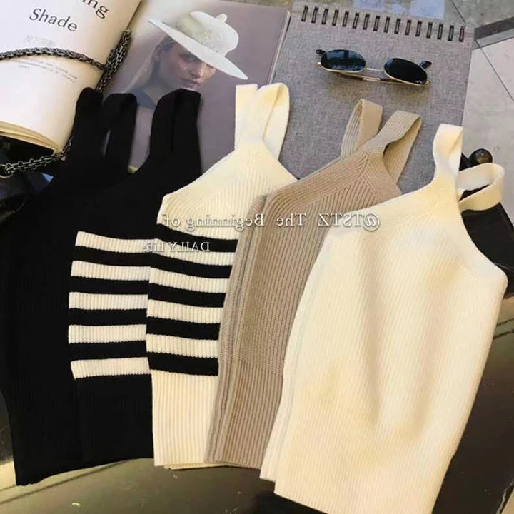 Contrast Striped Knitted Vest Women's Spring Autumn Outerwear V-Neck Bottom Tank Short Sexy Slim All-Matched Crop Sling Top