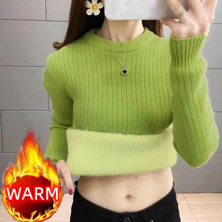 Turtleneck Winter Sweater Women Elegant  Sueter Fleece KnittedThicken Velvet Lined Warm Pullover Slim Top Jersey Knitwear Jumper