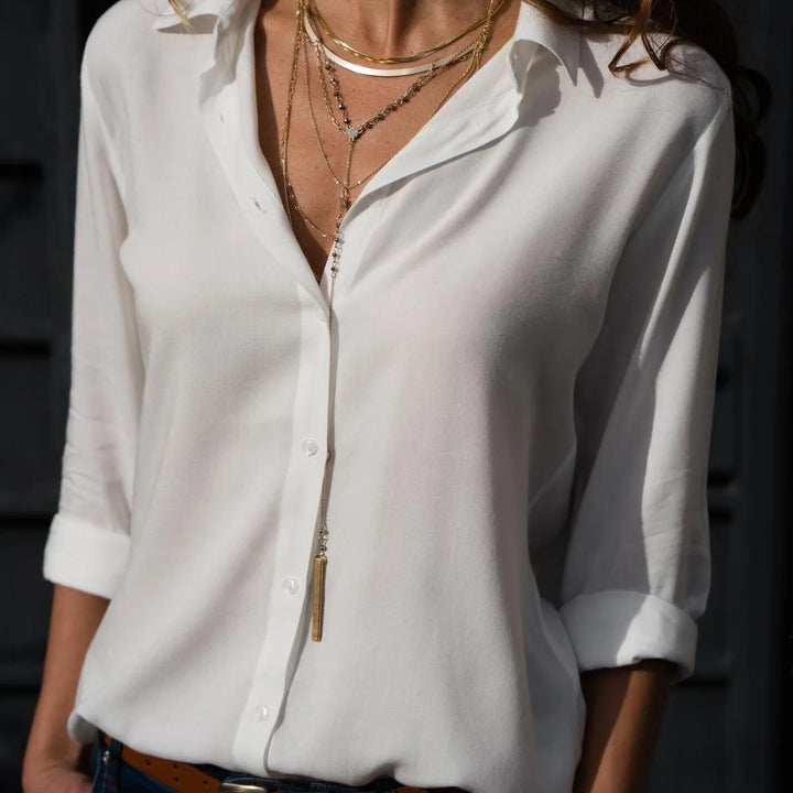 Women Elegant Solid Chiffon Blouse Spring Summer Casual Long Sleeve V Neck Loose Shirt Office Lady Tunics Oversized Tops 2024