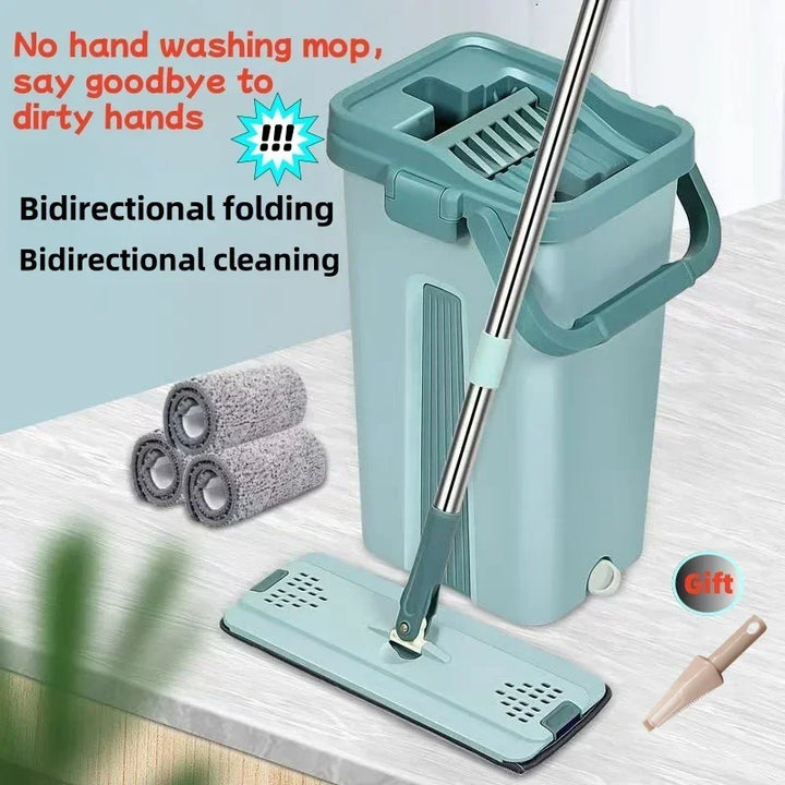 Squeeze Mop with Bucket Hand Free Wringing Floor Cleaning Mop Microfiber Mop Pads Wet or Dry Usage on Hardwood Laminate