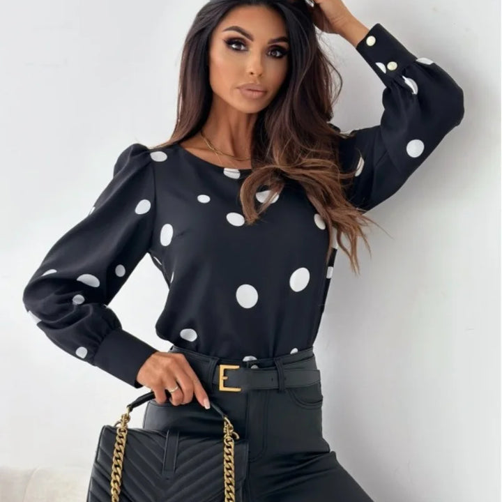 Wedifor Fashion Polka Dot Printed Women Shirts Long Sleeve O Neck Casual Blouse Black Elegant Ladies Pullover Tops Autumn Winter