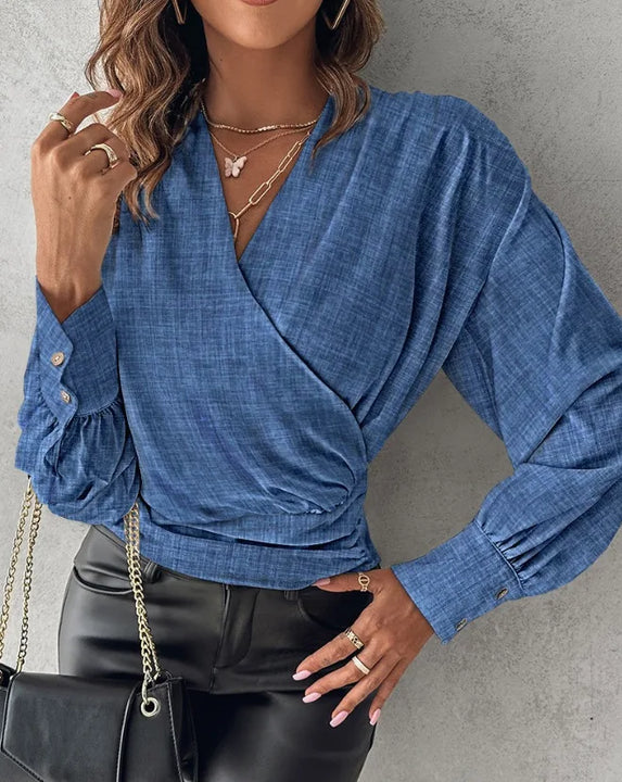 Women Elegant Solid Chiffon Blouse Spring Summer Casual Long Sleeve V Neck Loose Shirt Office Lady Tunics Oversized Tops 2024