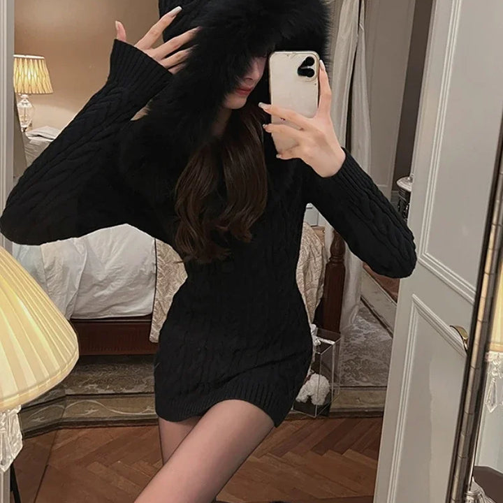 2024 Winter Knitted Sweater Dress with Hooded Women Slim Bodycon Y2k Mini Dress Faux Fur Female One Piece Dress Korean Elegant