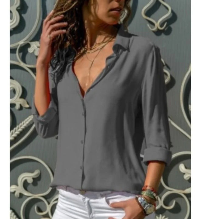 Women Elegant Solid Chiffon Blouse Spring Summer Casual Long Sleeve V Neck Loose Shirt Office Lady Tunics Oversized Tops 2024