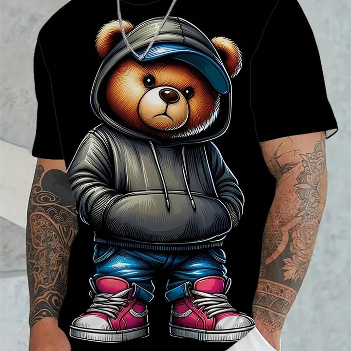 Hip-hop Style Cartoon Bear Print Men's T-shirt Summer Casual Everyday Top Urban Street Fashion Men's Oversized Short Sleeve Tees