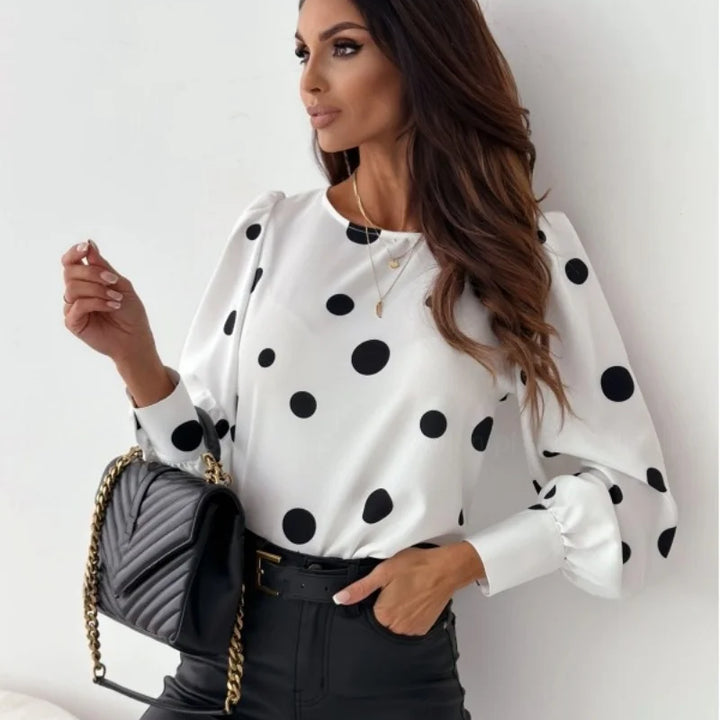 Wedifor Fashion Polka Dot Printed Women Shirts Long Sleeve O Neck Casual Blouse Black Elegant Ladies Pullover Tops Autumn Winter