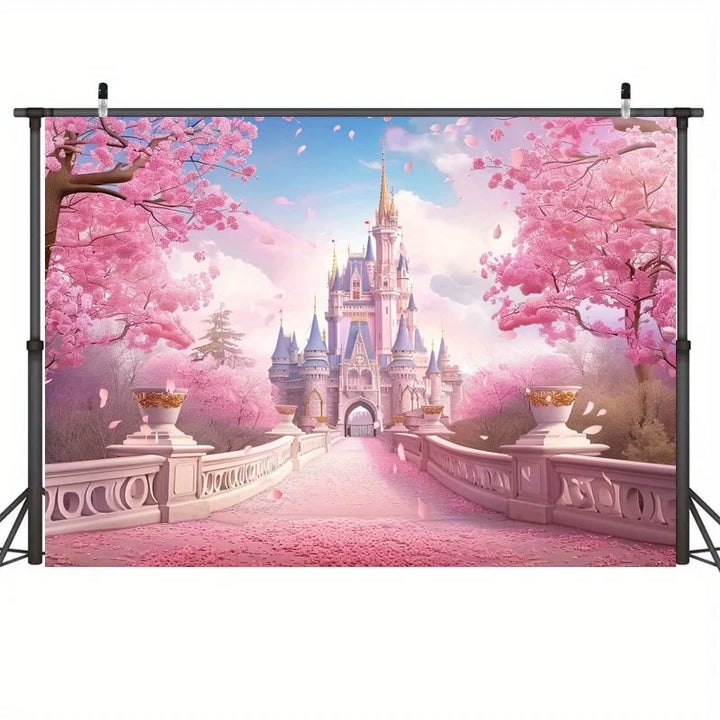 Magic Princess Castle Background - pink cherry blossoms and rainbow flowers, perfect for birthday and wedding parties