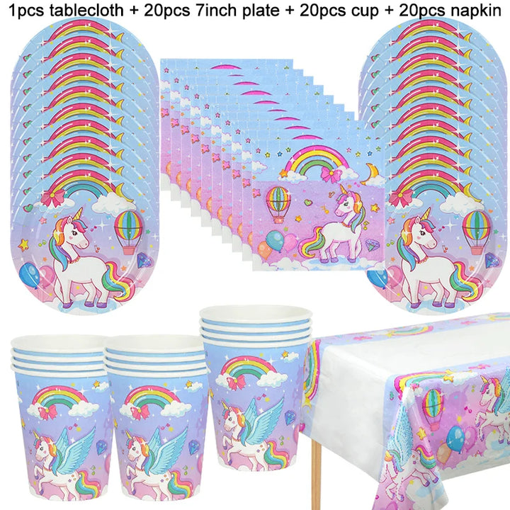 61Pcs/set Rainbow Unicorn Disposable Tableware Paper Plate Cup Tablecloth Girls Unicorn Theme Birthday Party Decoration Supplies