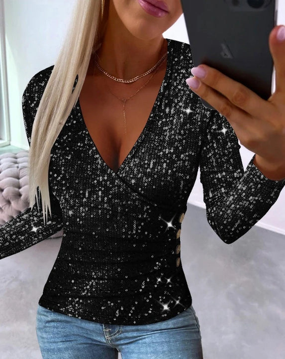 Female Clothing T-Shirts Pullover Tops Sexy Blouses Allover Sequin Ruched Long Sleeve Top 2024 Autumn Spring New Fashion Casual