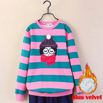 4 6 8 10 12 14 Year Teen Girls Sweatshirt Spring Kids Pullover Top Stripe Girls Clothes Winter Plus Velvet Warm Children Sweater