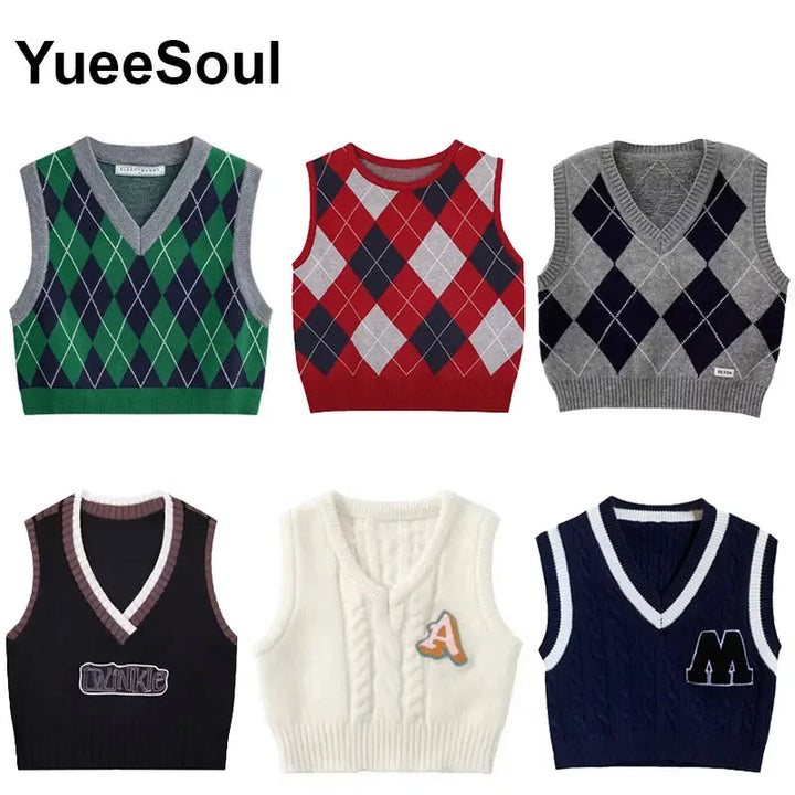 Vintage Knitted Women Sweater Vest American Y2K Aesthetic Sweet Cute 90s Slim Crop Waistcoat 2024 New Plaid Sleeveless Knitwears