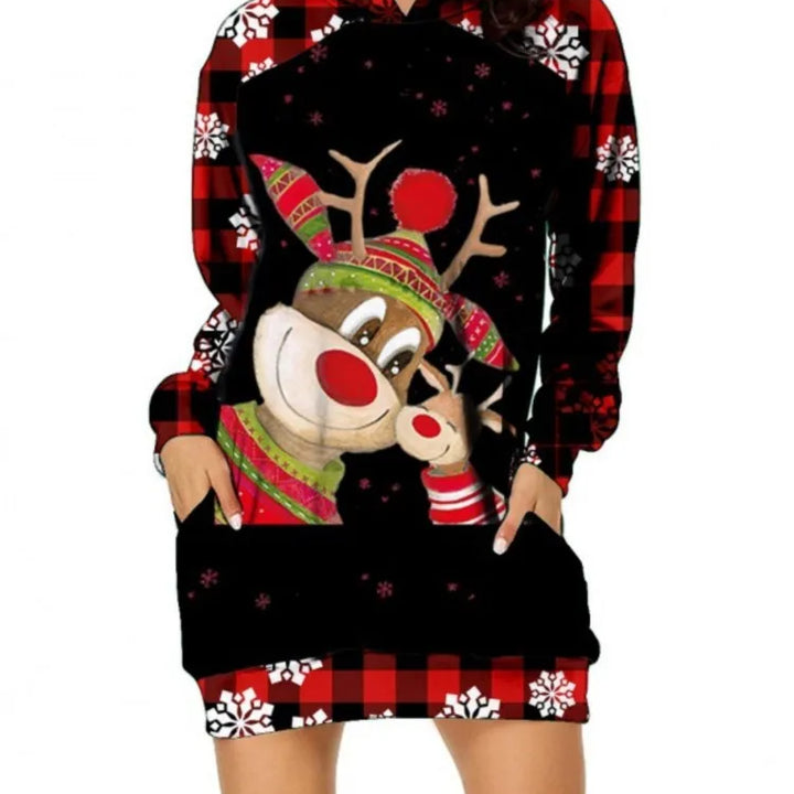 Christmas Hoodie Dress Women Fashion Elk Print Loose Sweatshirt Famale Autumn Winter Women's Clothing Party Dresses 2024 Robe