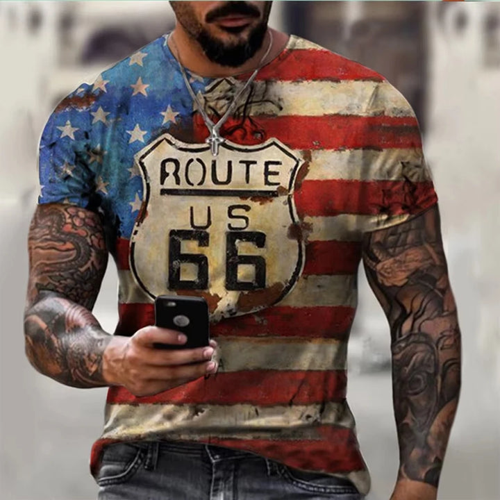 New Summer/Fall Men's Clothing 3d Printed Men's Route 66 Short Sleeve T-Shirt Men's Loose Fashion Casual Extra Size T-Shirt