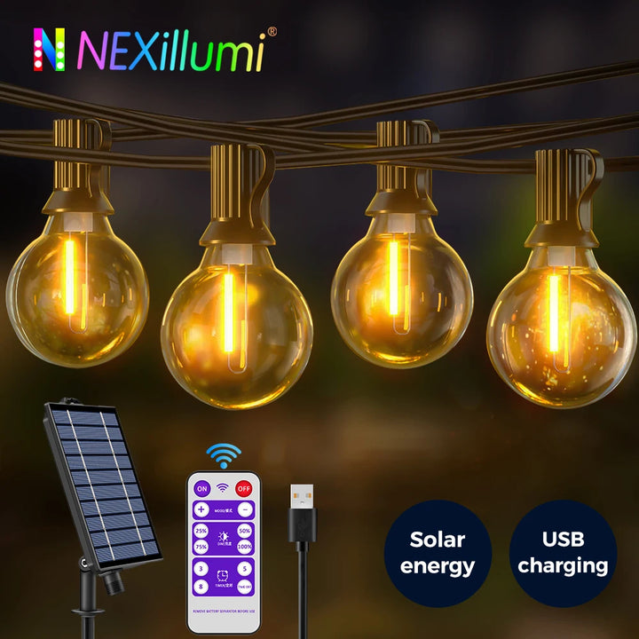 Solar String Lights Outdoor G40 Patio Lights,USB Recharger, 8Light Mode ,Shatterproof Bulbs , Weatherproof Hanging Light