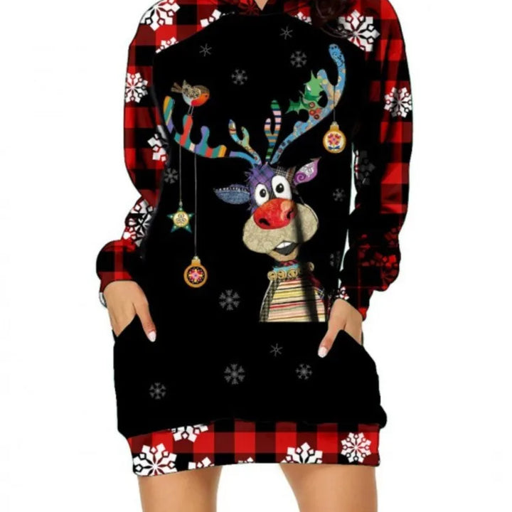 Christmas Hoodie Dress Women Fashion Elk Print Loose Sweatshirt Famale Autumn Winter Women's Clothing Party Dresses 2024 Robe