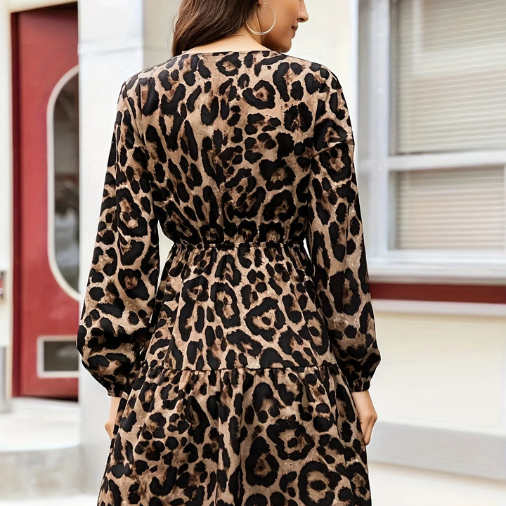 Autumn Winter Women Elegant Leopard Dress Vintage Vacation V Neck Dresses Casual Long Sleeve Slim Dress