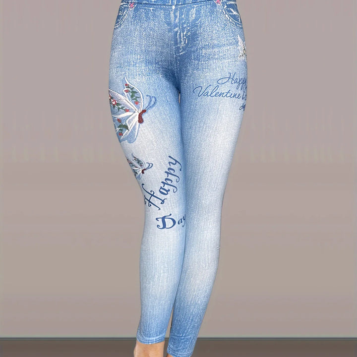 Faux Denim Butterfly Print Skinny Leggings Women Sports Pants