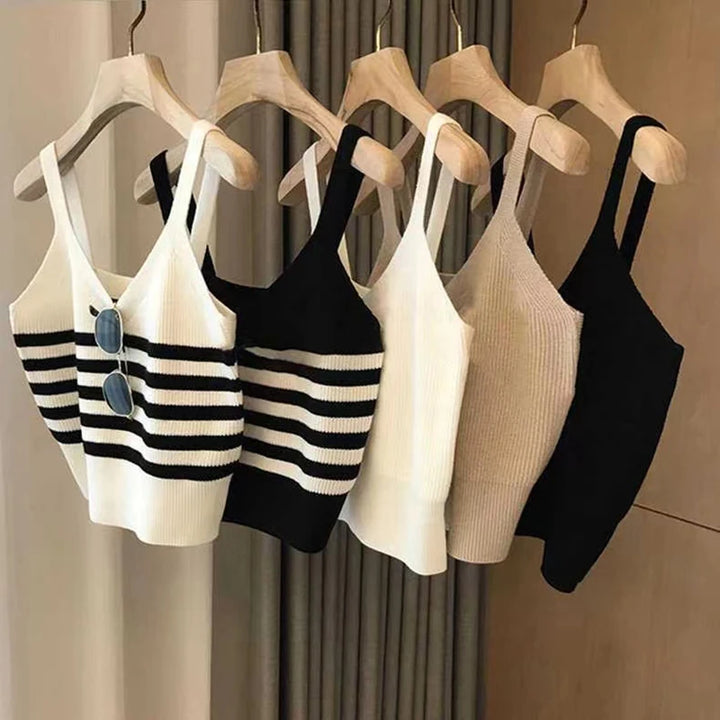 Contrast Striped Knitted Vest Women's Spring Autumn Outerwear V-Neck Bottom Tank Short Sexy Slim All-Matched Crop Sling Top