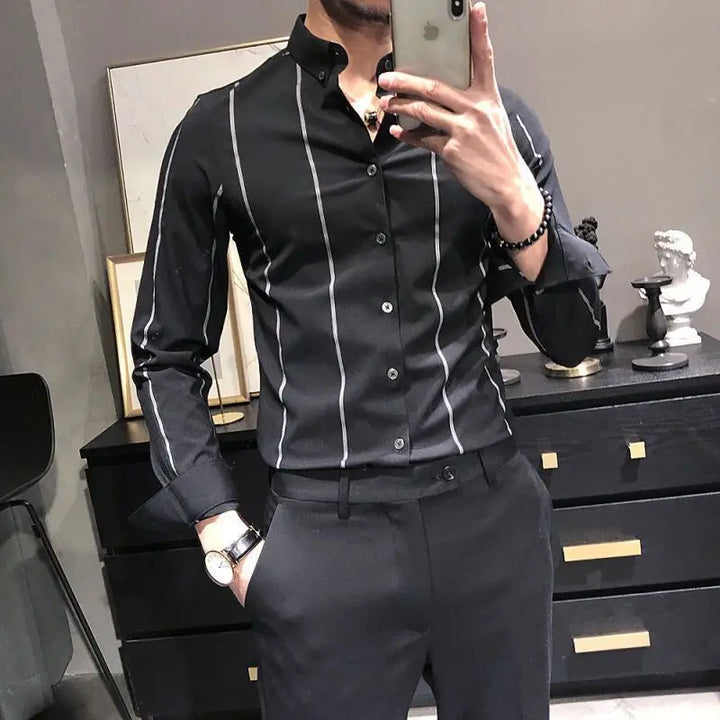 High Quality Korean Trend Stripe Long Sleeve Shirt Korean Men Lapel Social Business Casual Versatile Male Clothes Slim Tops 2024