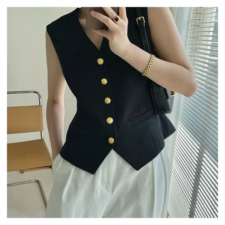 Retro high-end black V-neck suit vest women's summer waist slimming short style small fragrant vest jacket